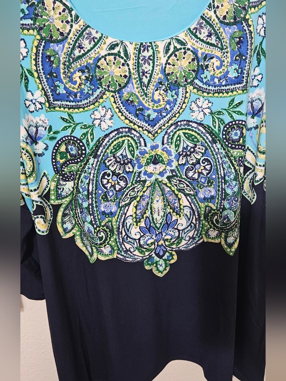 JM Collection Navy, Turquoise & Green Paisley Scoop-Neck Long Sleeve Top - Picture 5 of 10